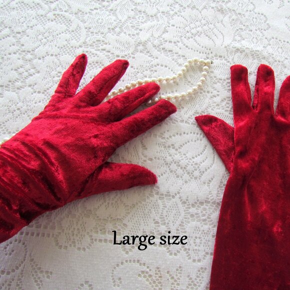 LONG RED GLOVES, M-L, ABOVE-THE-ELBOW SHINY VELOUR: COSTUME, STAGE, SALOON GIRL - Picture 2 of 4